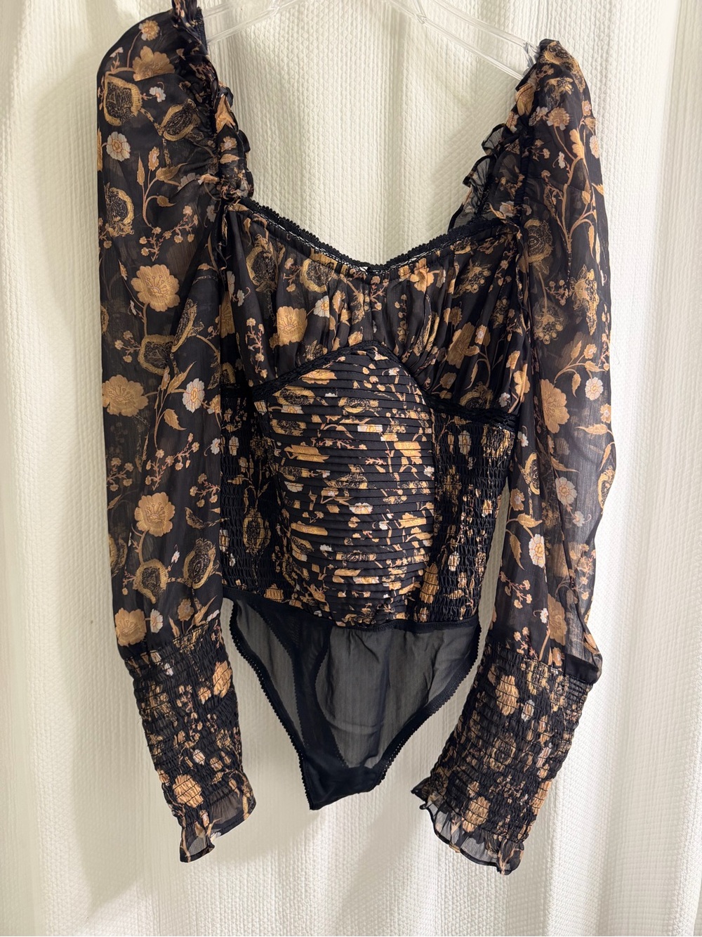 Free People Floral Smocked Body Suit, S/P, sheer, puff sleeve, romantic boho